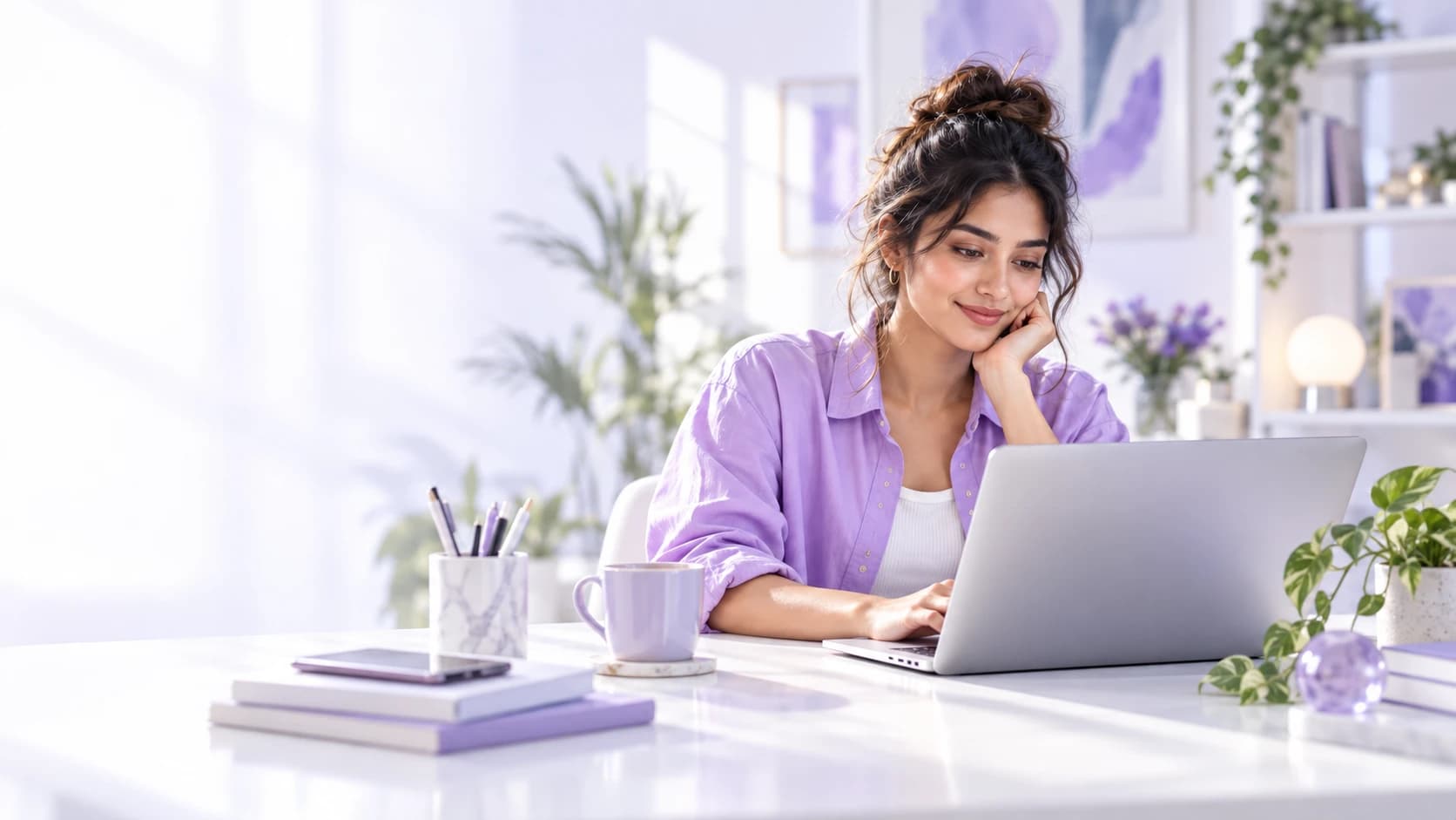 A creator using Shilvanta from a bright, modern workspace