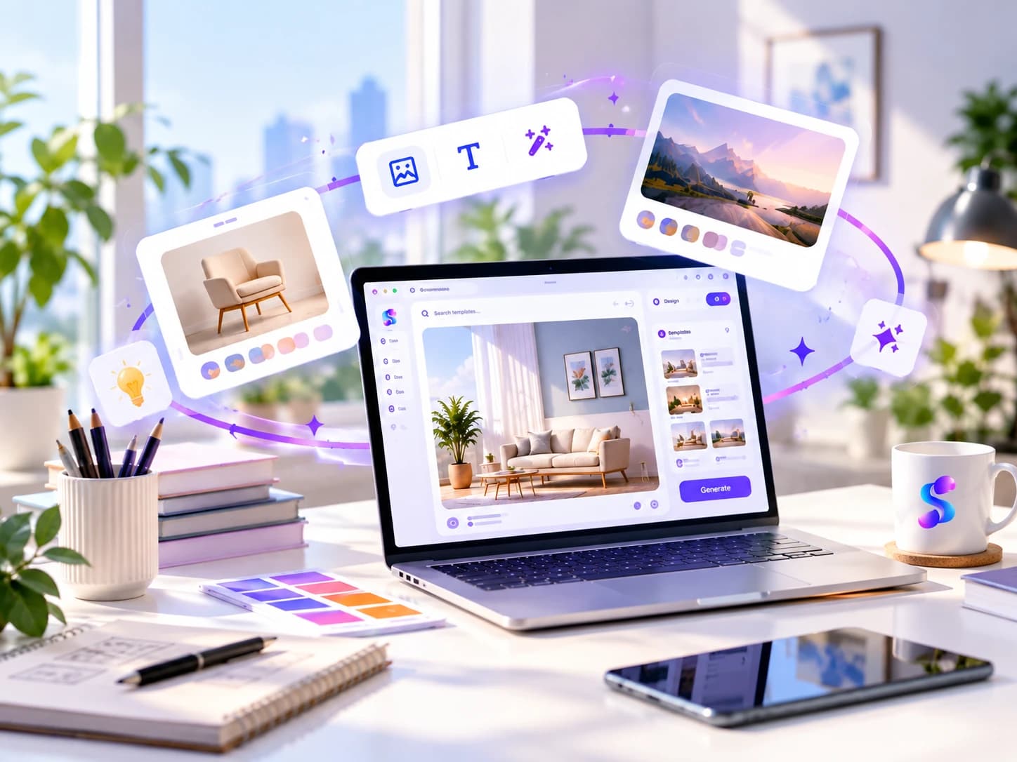A creator's bright, plant-filled workspace with an AI design tool generating a room concept, surrounded by floating creative assets
