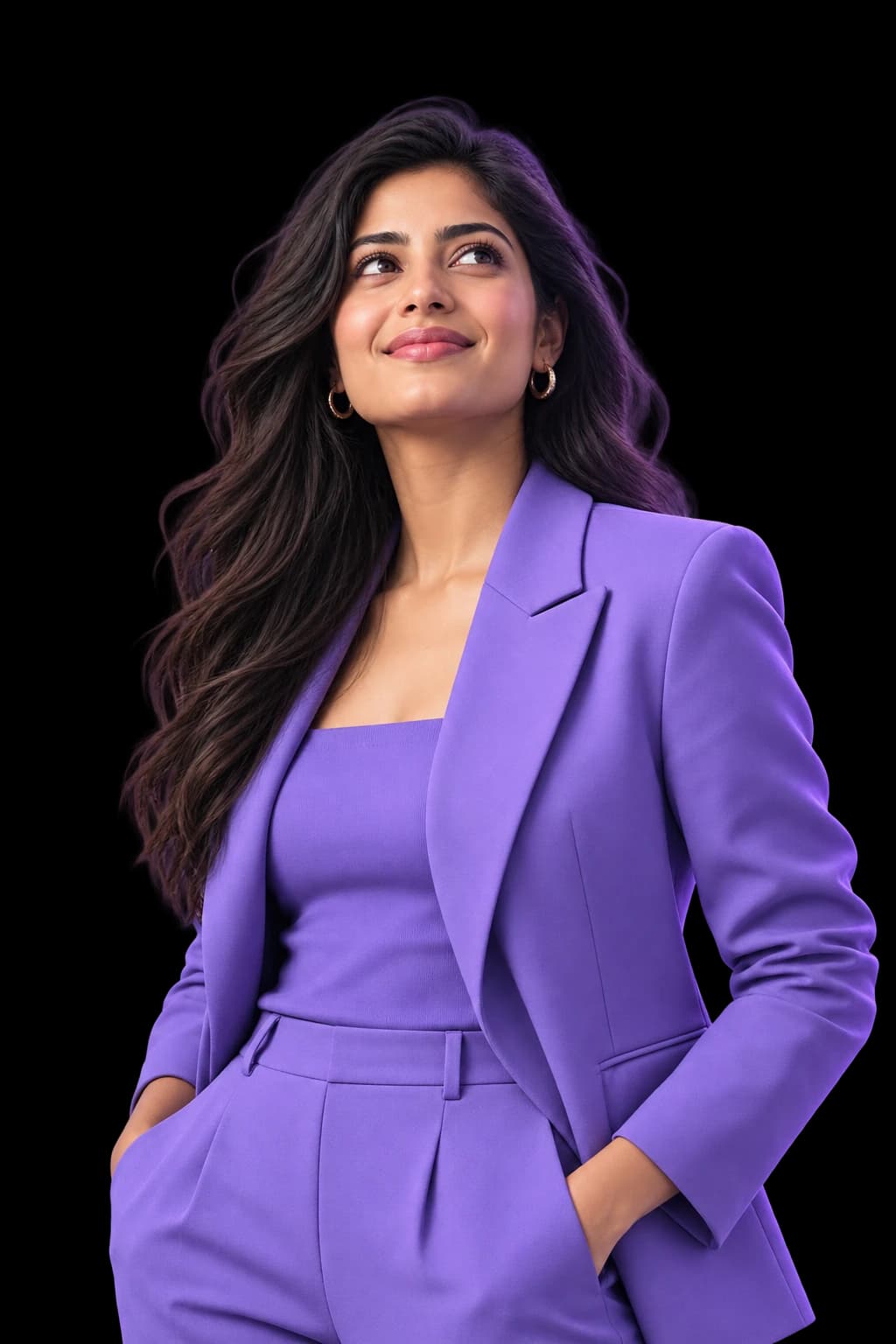 A confident creator wearing a violet blazer