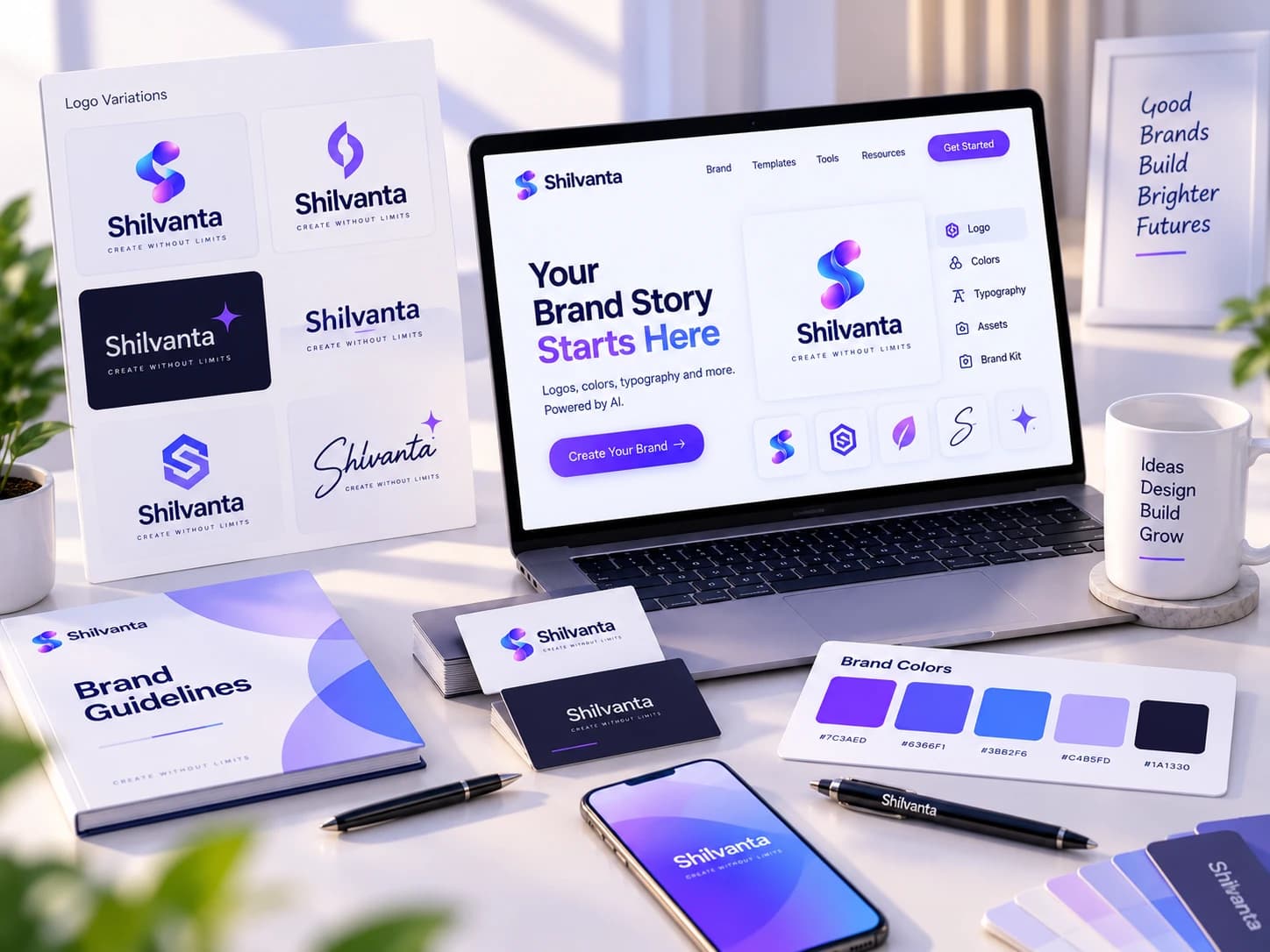 A flat-lay of branded packaging, business cards, and stationery showing a cohesive visual identity