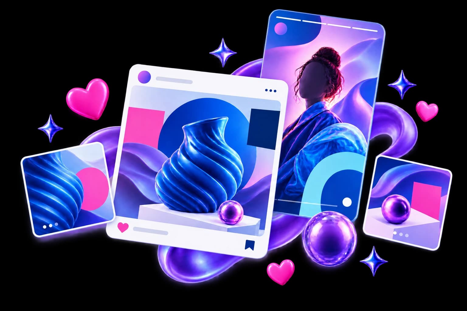 A colorful AI-generated social campaign shown across posts, stories, reels, and carousel cards